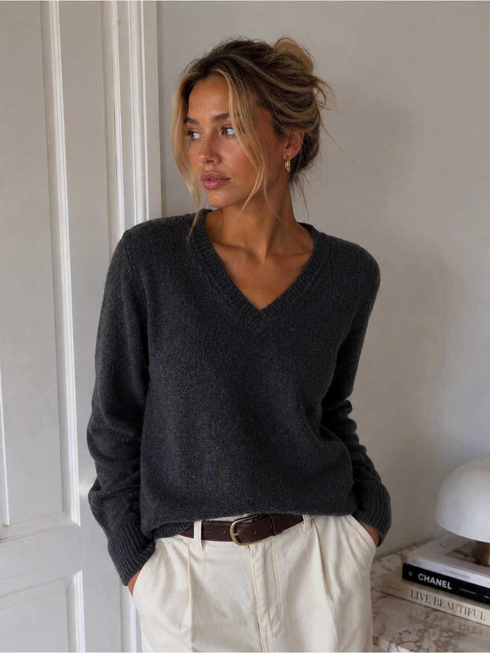 J.Crew Merino Wool V Neck Sweater Charcoal Gray Suede Elbow Patch Slim Fit L